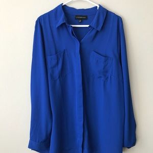 Plus size blue button down with penguin tail back